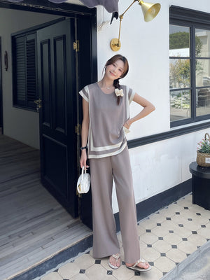 Side Slit Loose Top & Wide Leg Garter Pants Oversize Knitted Terno Set Coords