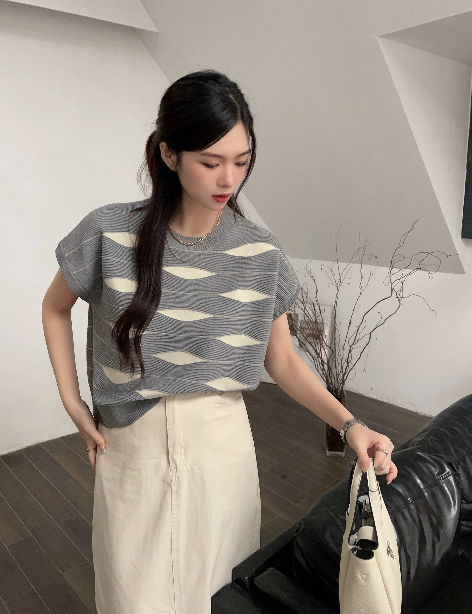 Geometric Embossed Pattern 2 Tone Oversize Knitted Top