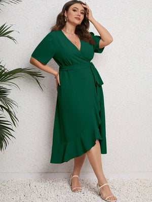 Surplice V-neck Ruffle Hem Plus Size Wrap Dress