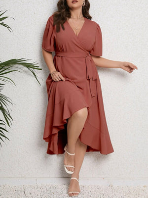 Surplice V-neck Ruffle Hem Plus Size Wrap Dress