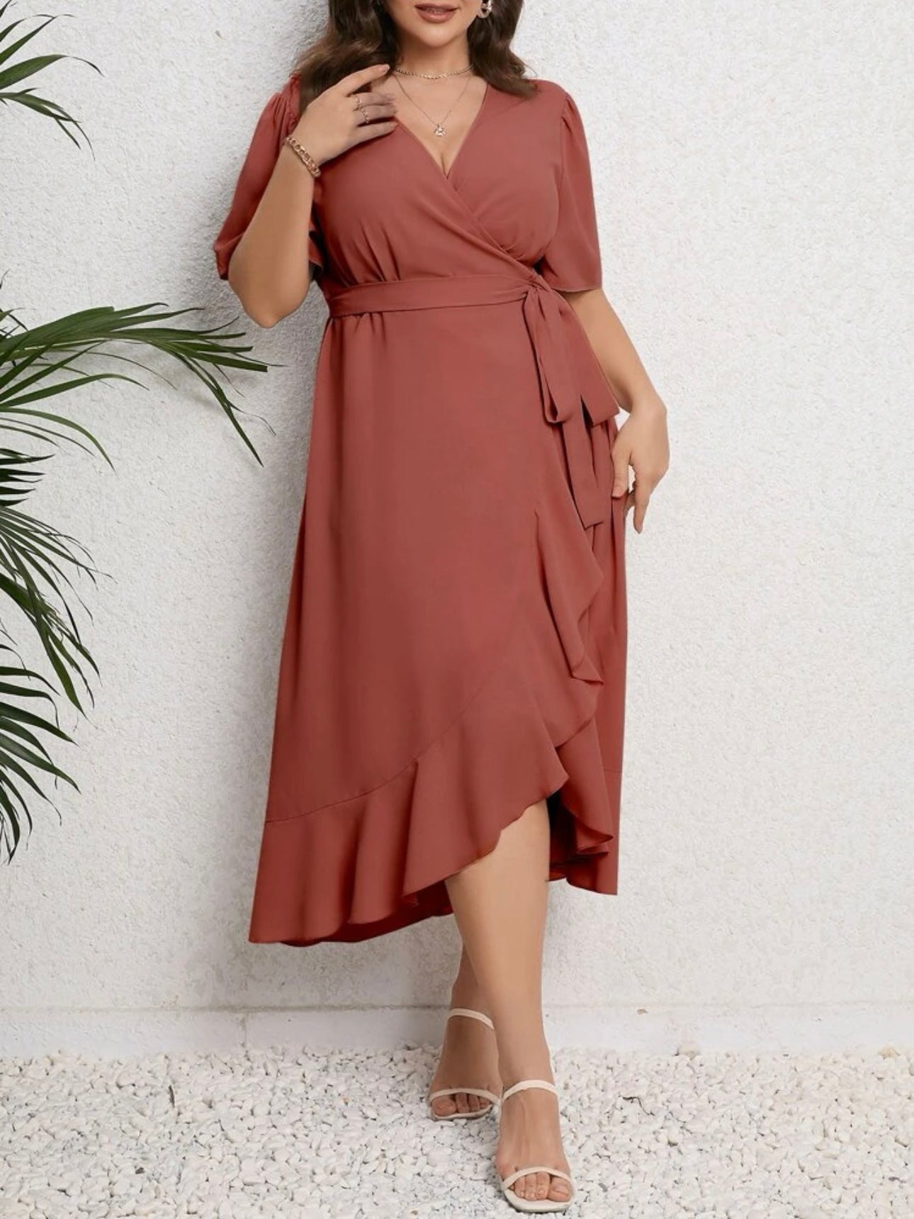 Surplice V-neck Ruffle Hem Plus Size Wrap Dress