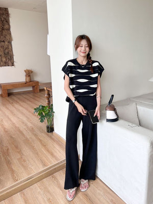 Two Tone Geo Pattern Top & Wide Leg Pants Oversize Knitted Terno Set Coords