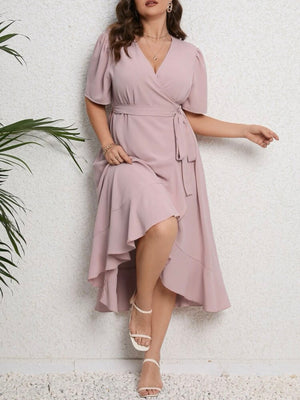 Surplice V-neck Ruffle Hem Plus Size Wrap Dress