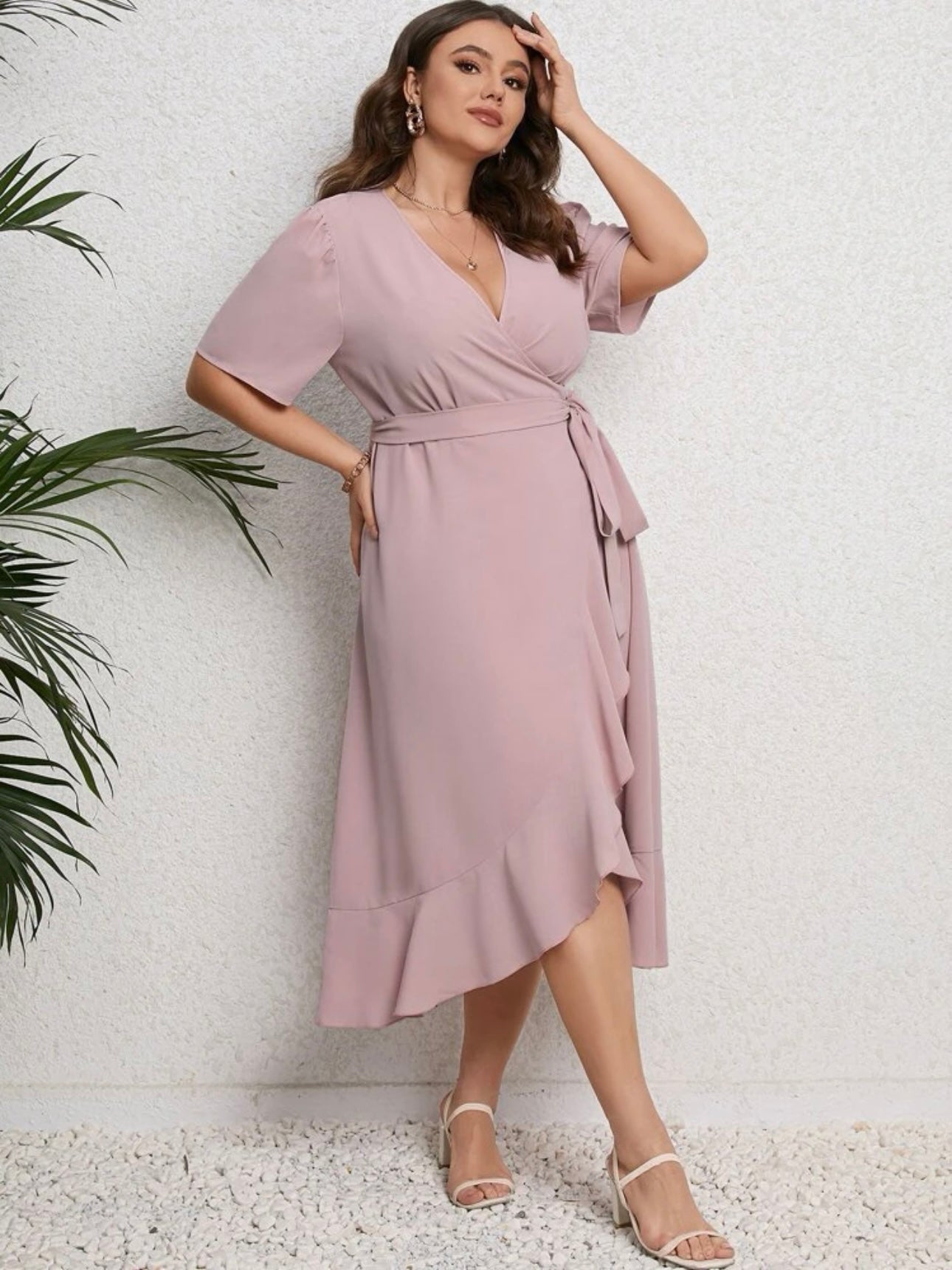 Surplice V-neck Ruffle Hem Plus Size Wrap Dress