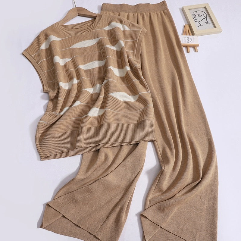 Two Tone Geo Pattern Top & Wide Leg Pants Oversize Knitted Terno Set Coords