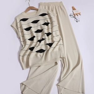 Two Tone Geo Pattern Top & Wide Leg Pants Oversize Knitted Terno Set Coords