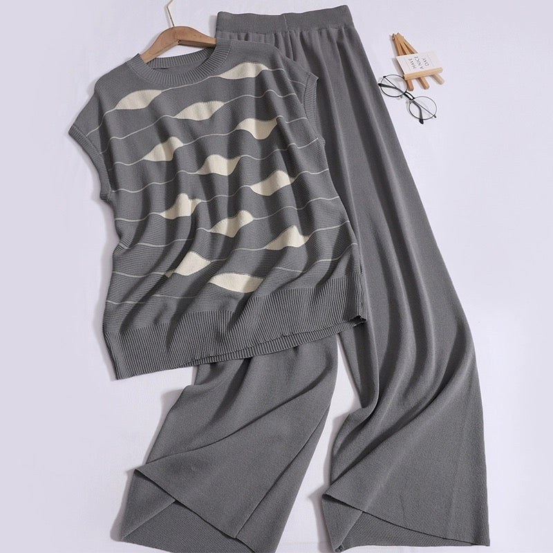 Two Tone Geo Pattern Top & Wide Leg Pants Oversize Knitted Terno Set Coords