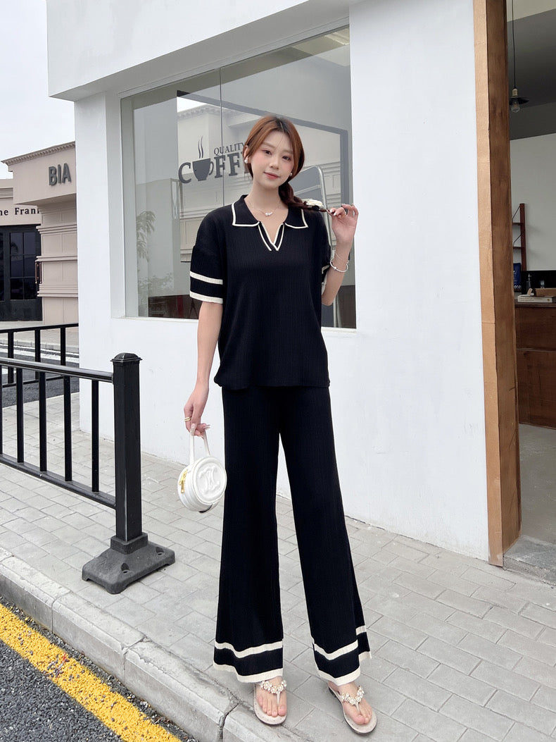 Collar Neck Two Tone Loose Top & Garter Wide Leg Pants Oversize Knitted Terno Set Coords