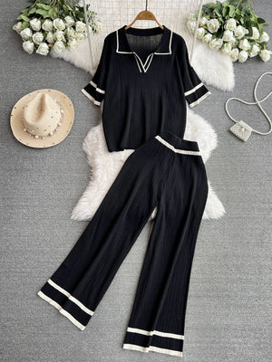 Collar Neck Two Tone Loose Top & Garter Wide Leg Pants Oversize Knitted Terno Set Coords