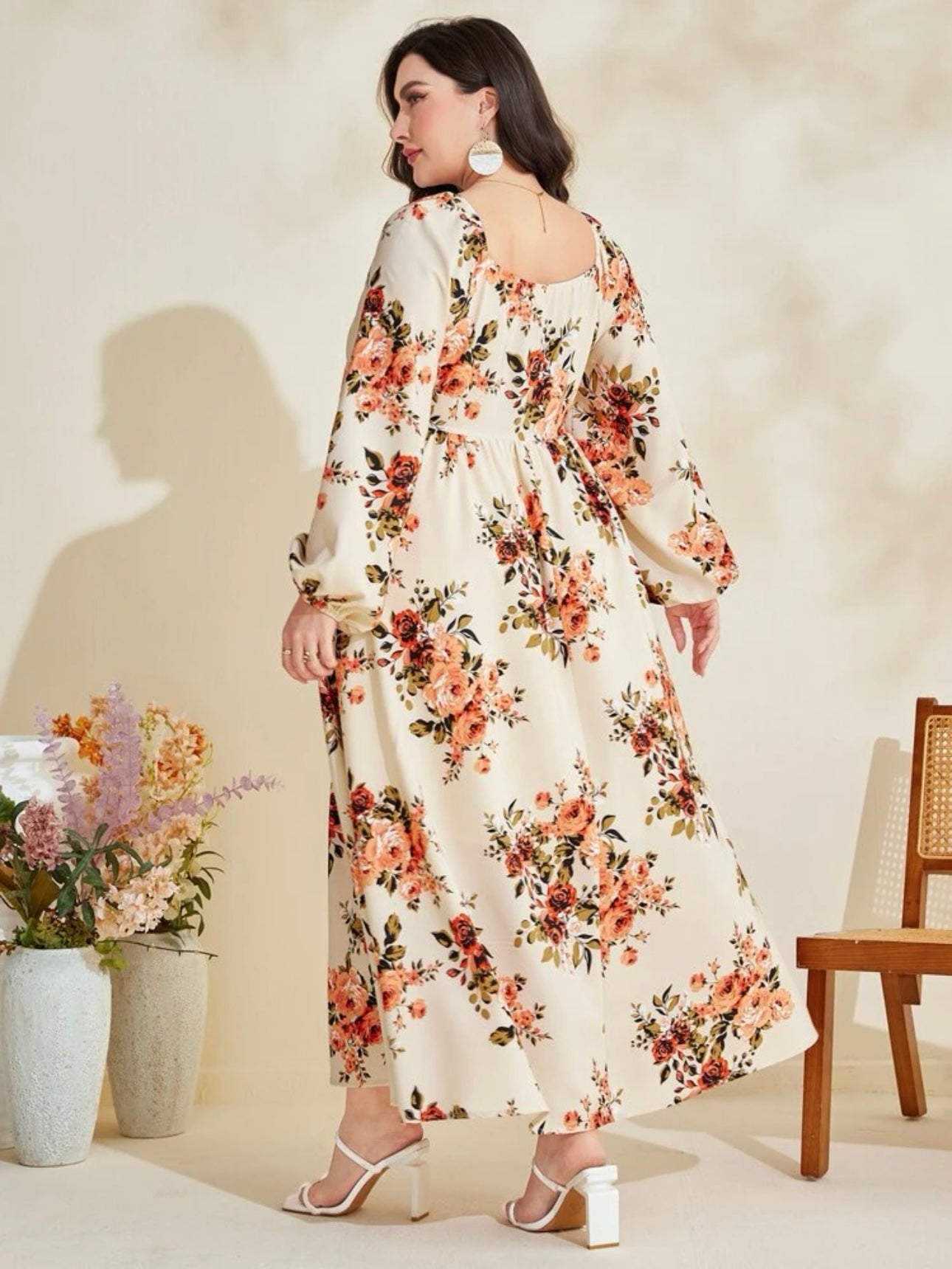 Long Sleeve Front Garter Floral Plus Size Dress