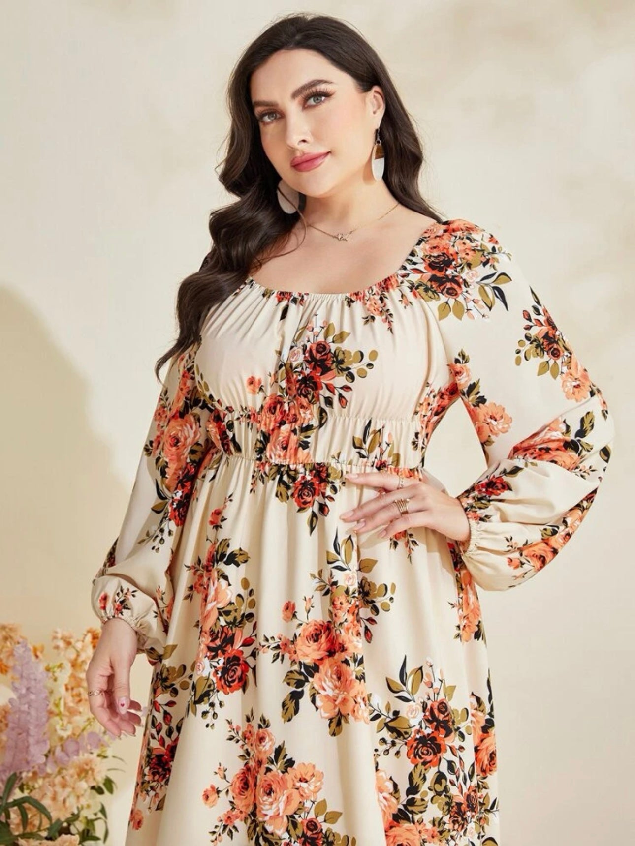 Long Sleeve Front Garter Floral Plus Size Dress