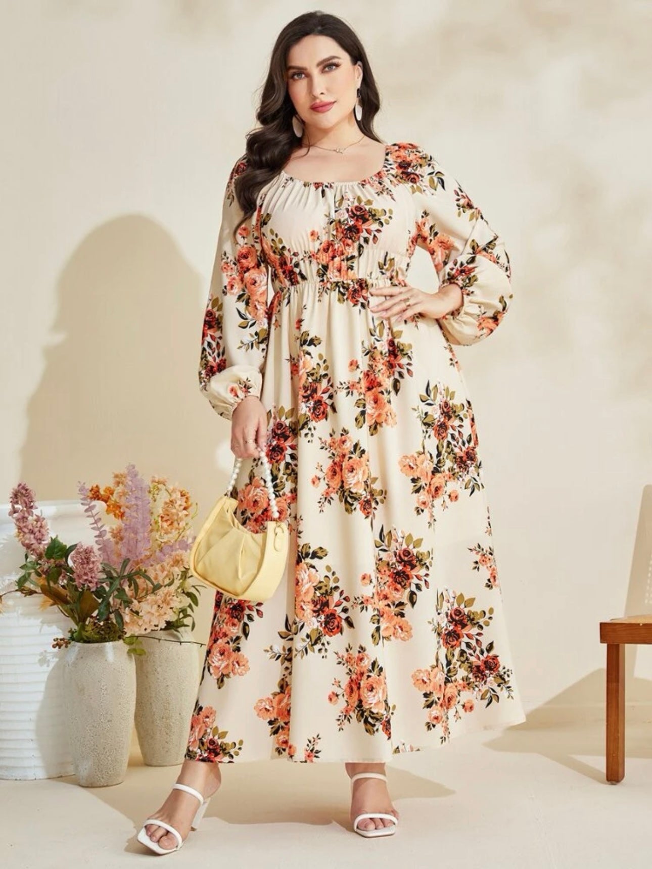 Long Sleeve Front Garter Floral Plus Size Dress