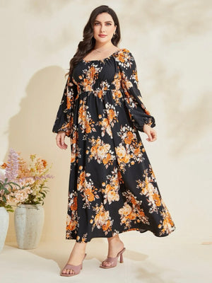 Long Sleeve Front Garter Floral Plus Size Dress