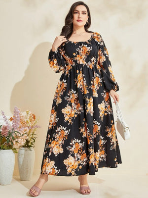Long Sleeve Front Garter Floral Plus Size Dress