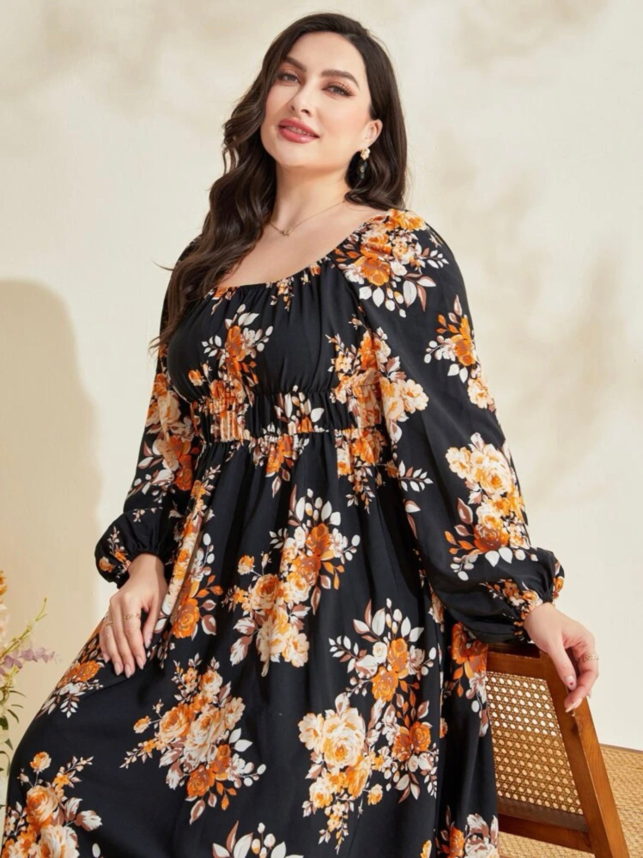 Long Sleeve Front Garter Floral Plus Size Dress