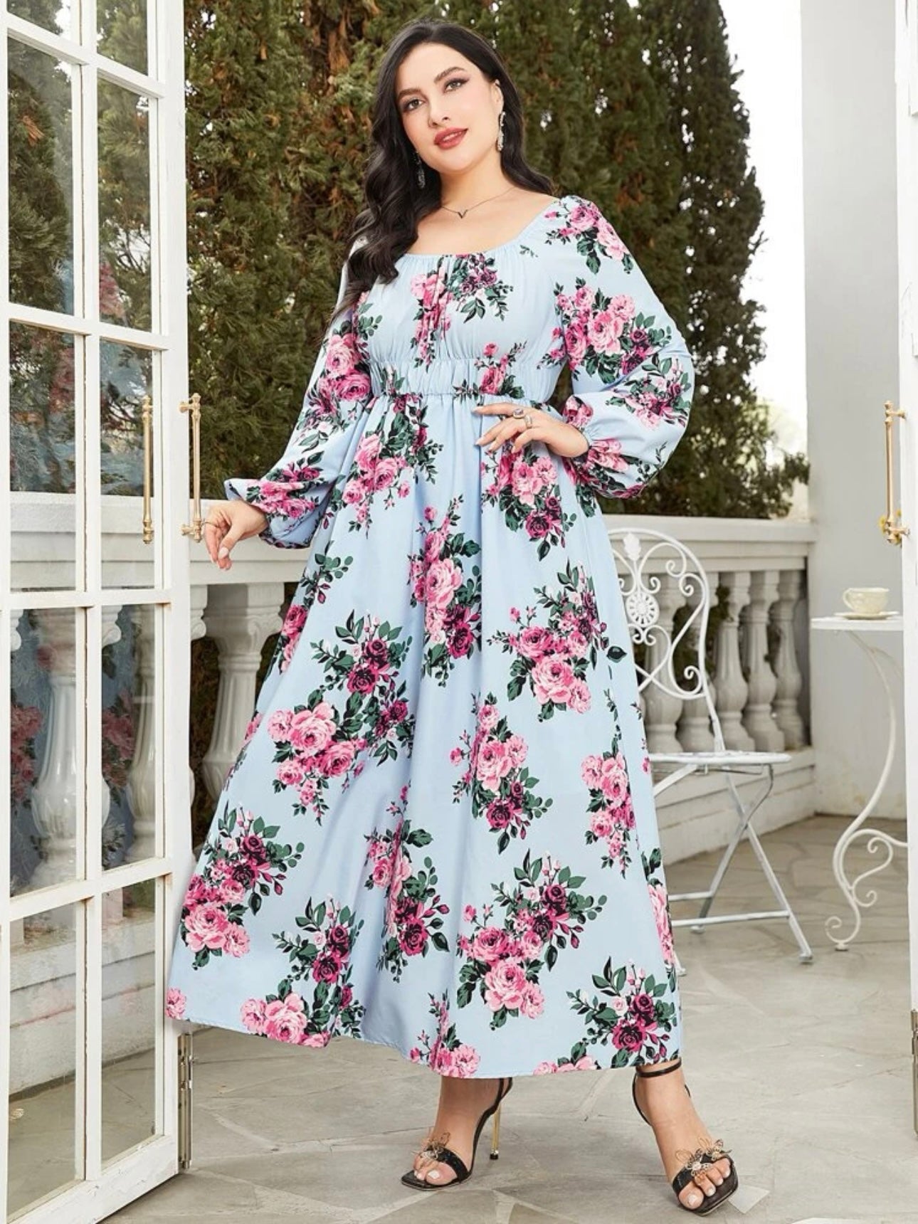 Long Sleeve Front Garter Floral Plus Size Dress