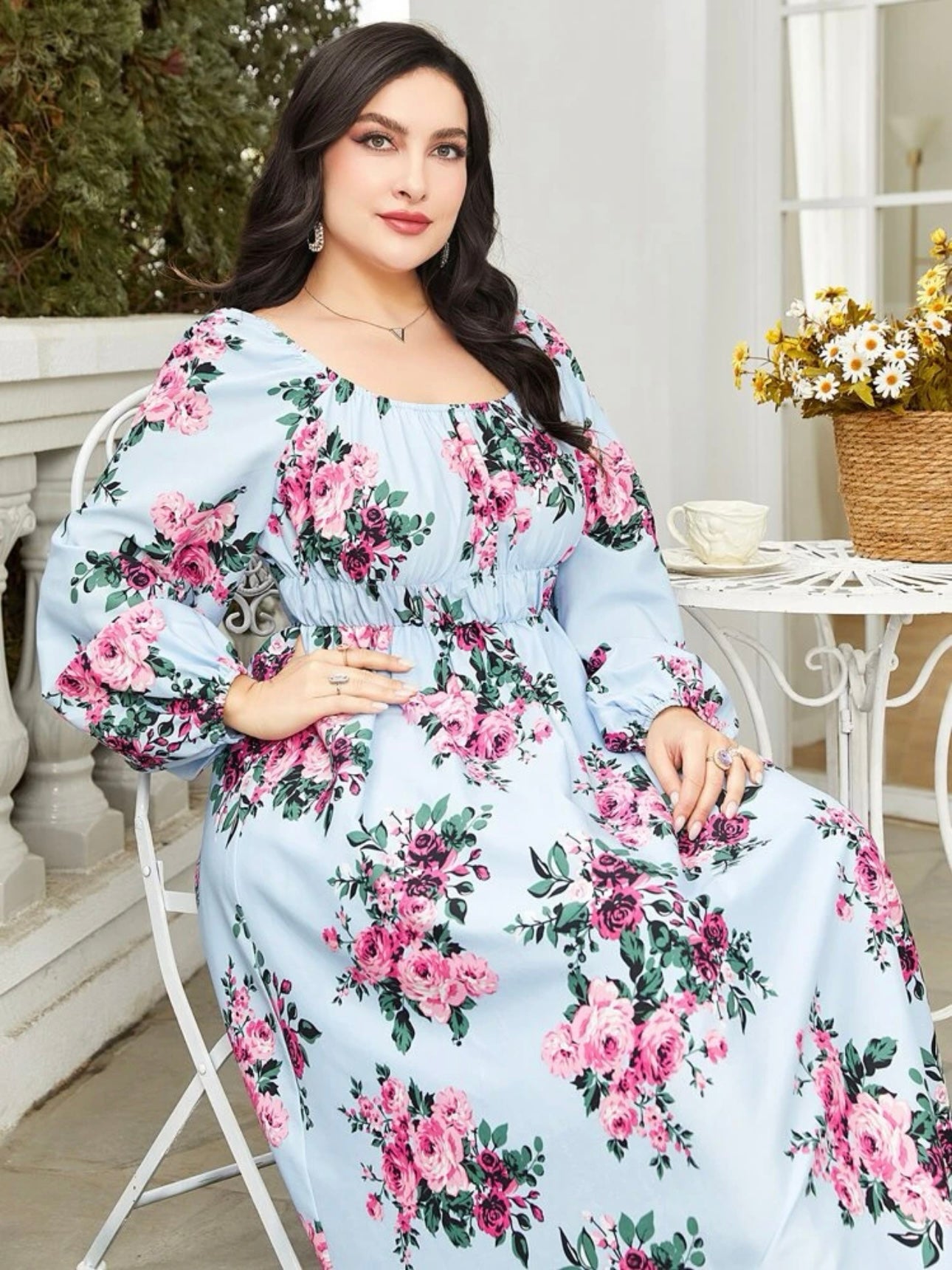 Long Sleeve Front Garter Floral Plus Size Dress