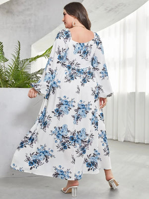 Long Sleeve Front Garter Floral Plus Size Dress