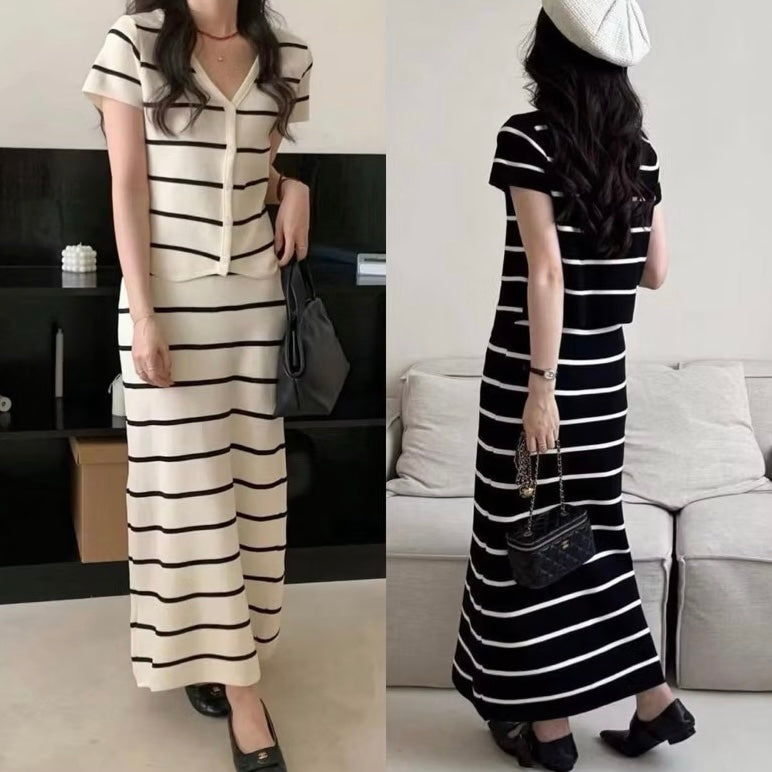 Button Down V-neck Stripe Top & Garter Skirt Knitted Terno Set Coords