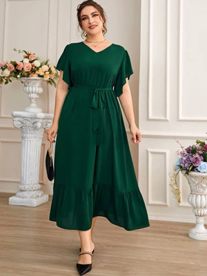 V-neck Garter Waist Self Belt Ruffle Hem Plus Size Dress