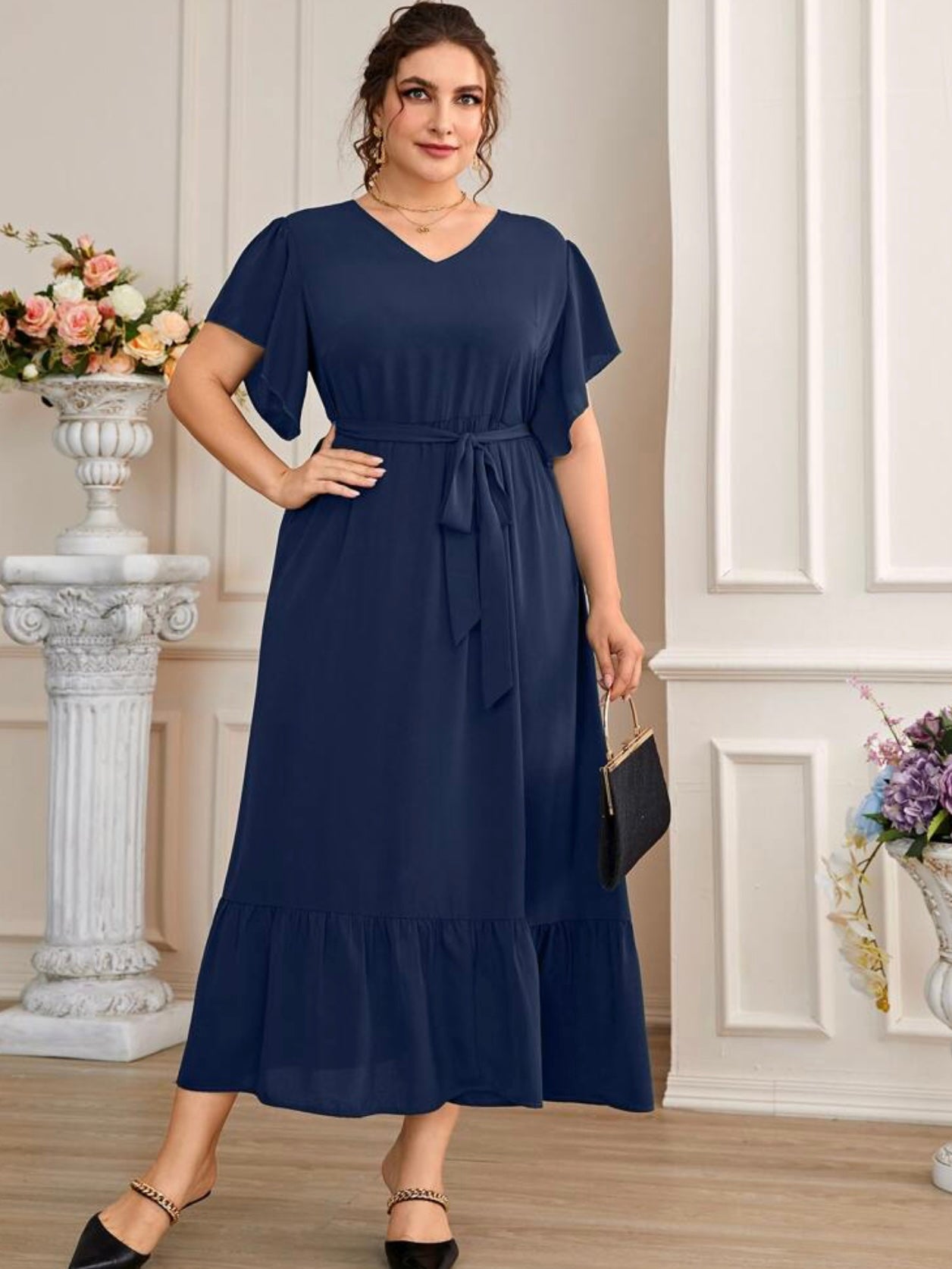 V-neck Garter Waist Self Belt Ruffle Hem Plus Size Dress