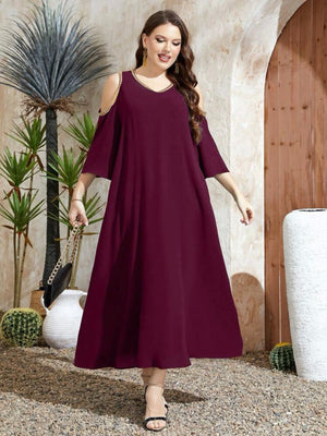 Embroidery Lace Trim Cold Shoulder Plus Size Dress