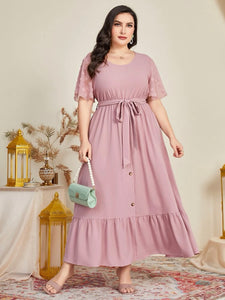 Oversize Sleeve Self Belt Buttons Detail Ruffle Hem Garter Plus Size Dress