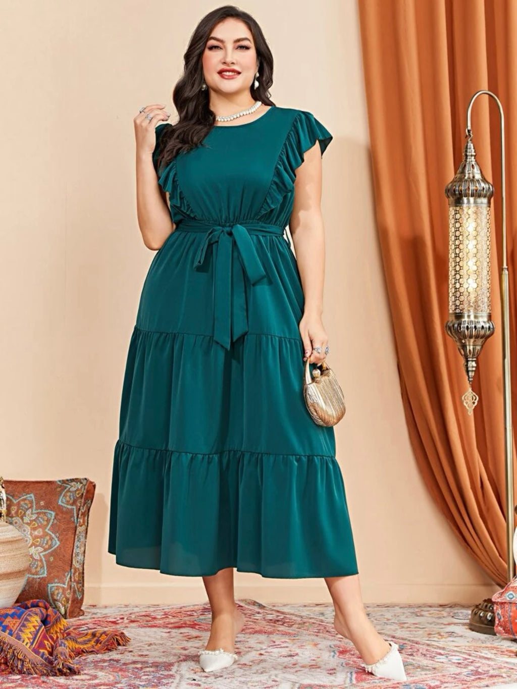 Ruffle Sleeve Self Belt Single Button Back Flounce Plus Size Dress