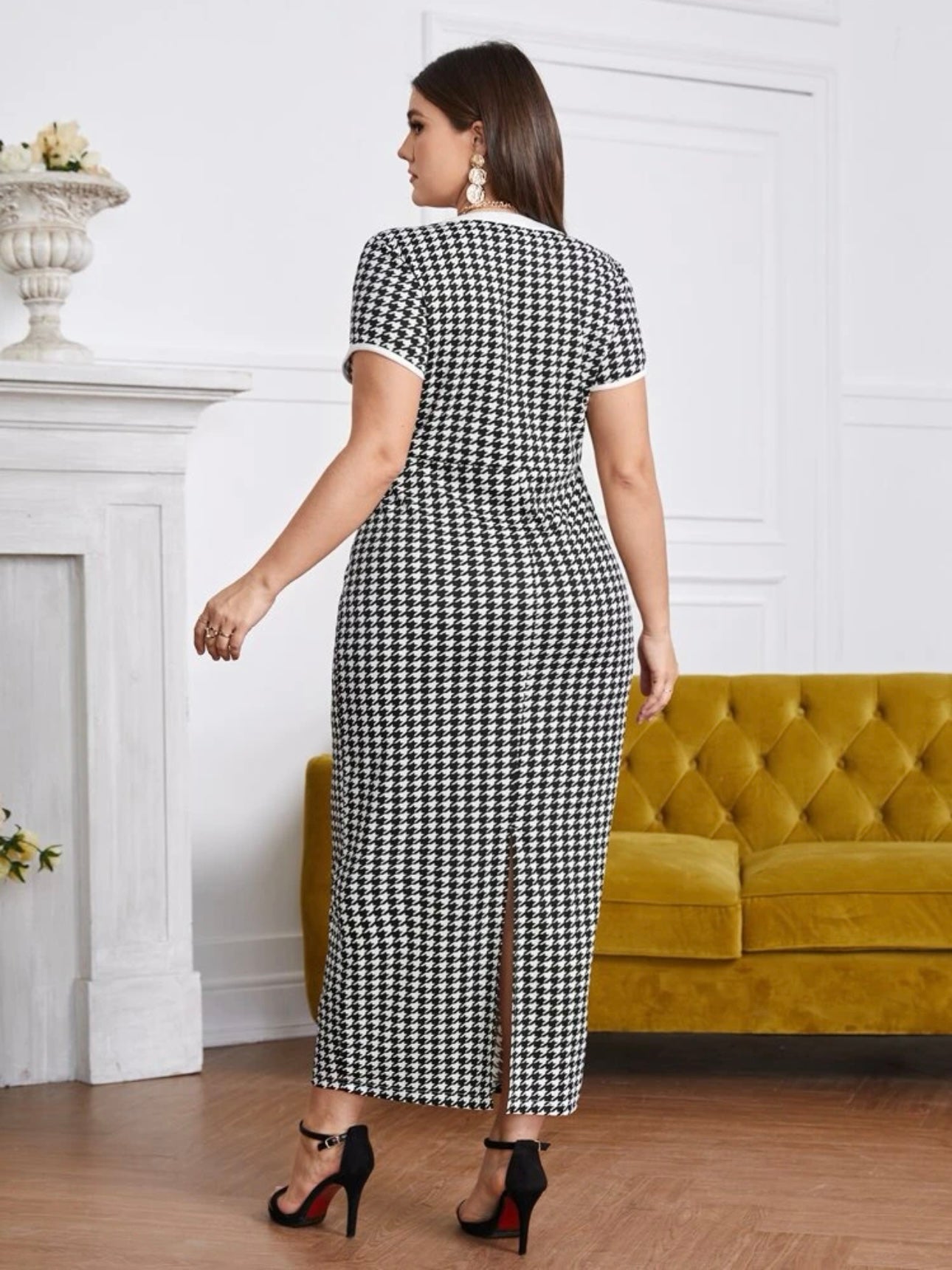 V-neck Tweed Print Back Split Plus Size Dress