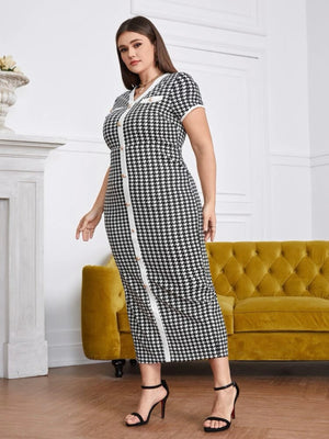 V-neck Tweed Print Back Split Plus Size Dress