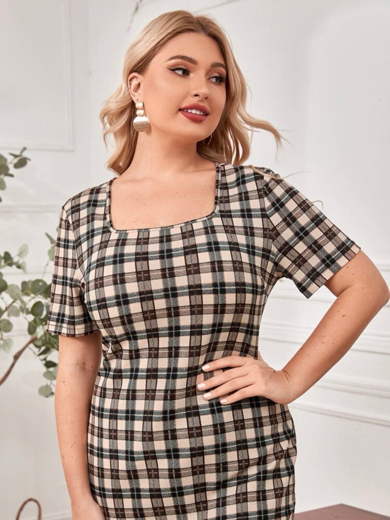 Square Neck Plaid Pattern Plus Size Dress