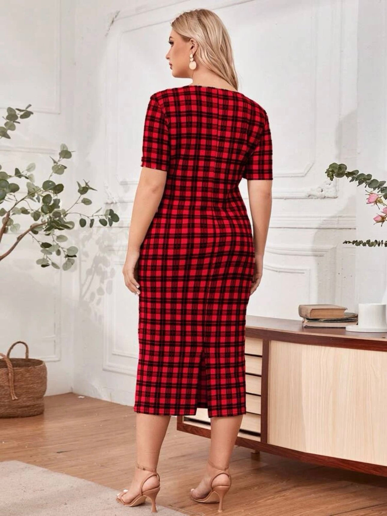 Square Neck Plaid Pattern Plus Size Dress
