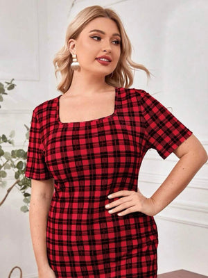 Square Neck Plaid Pattern Plus Size Dress