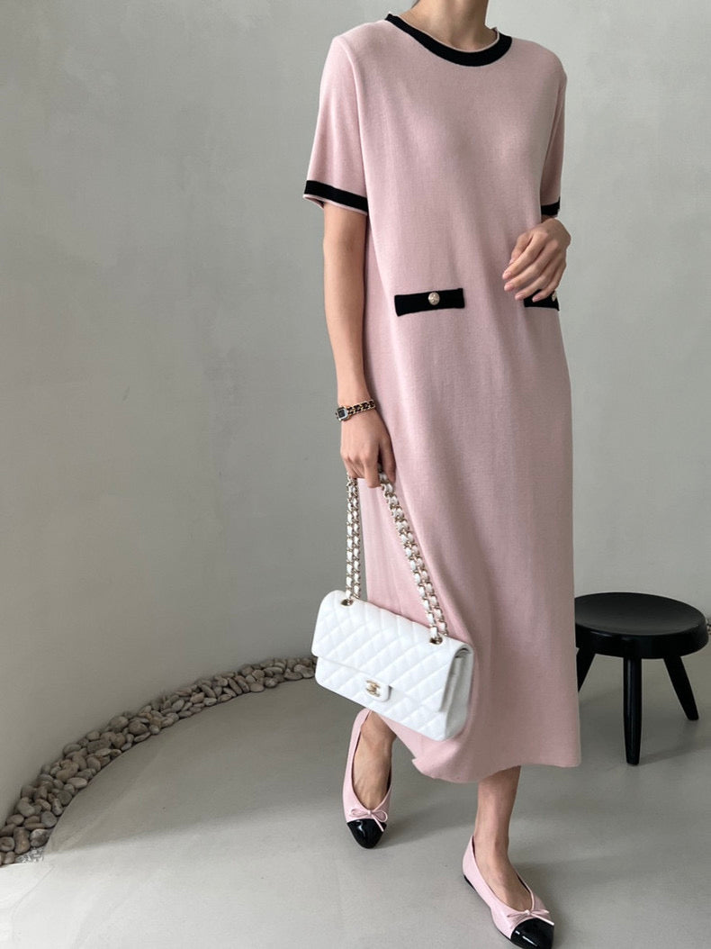 Two Tone False Button Pocket Oversize Knitted Dress