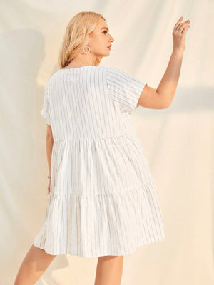 Embroidery Pattern Stripe Babydoll Plus Size Dress