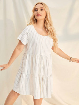Embroidery Pattern Stripe Babydoll Plus Size Dress
