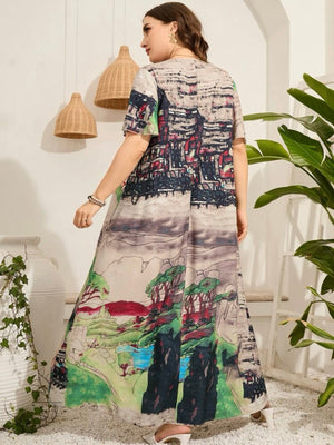 Oversize Sleeve Vintage Print Plus Size Dress