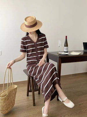 Knitted Stripe Button Down Top & Skirt Coords Terno Set