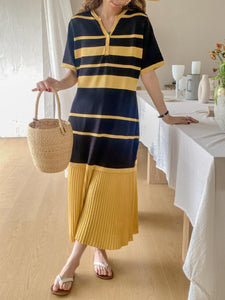 Button Down Stripe Upper Mixed Pleated Hem Loose Knitted Dress