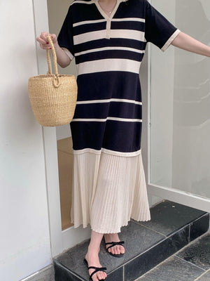 Button Down Stripe Upper Mixed Pleated Hem Loose Knitted Dress