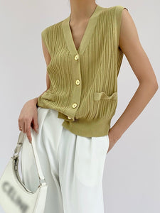 Button Down False Pocket Ribbed Knitted Oversize Sleeveless Top