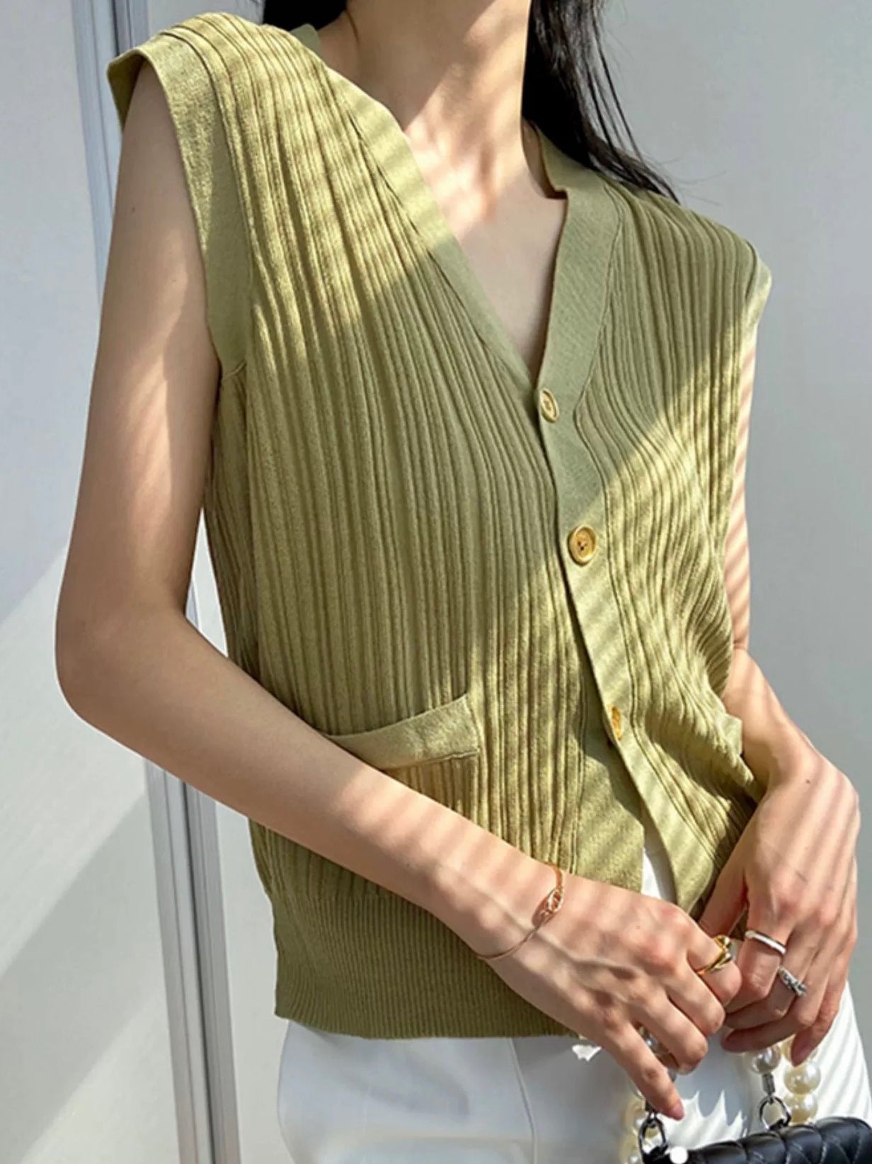 Button Down False Pocket Ribbed Knitted Oversize Sleeveless Top