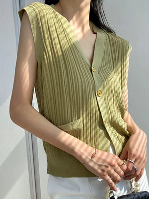 Button Down False Pocket Ribbed Knitted Oversize Sleeveless Top