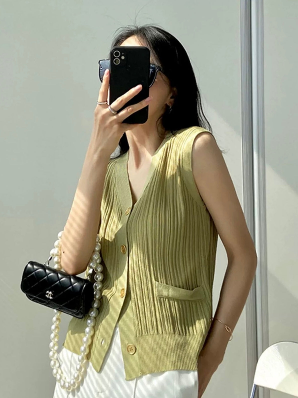 Button Down False Pocket Ribbed Knitted Oversize Sleeveless Top