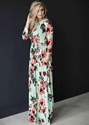 3D Floral Long Sleeve Pocket Maxi Dress