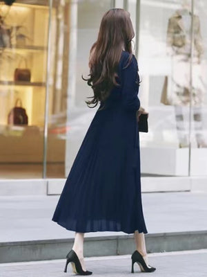 Korean Pleated Button Self Belt High Quality Dress