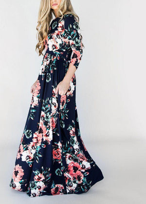 3D Floral Long Sleeve Pocket Maxi Dress