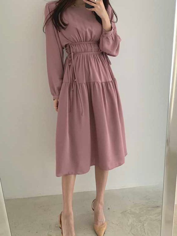 Long Sleeve Drawstring Waist Flounce Dress