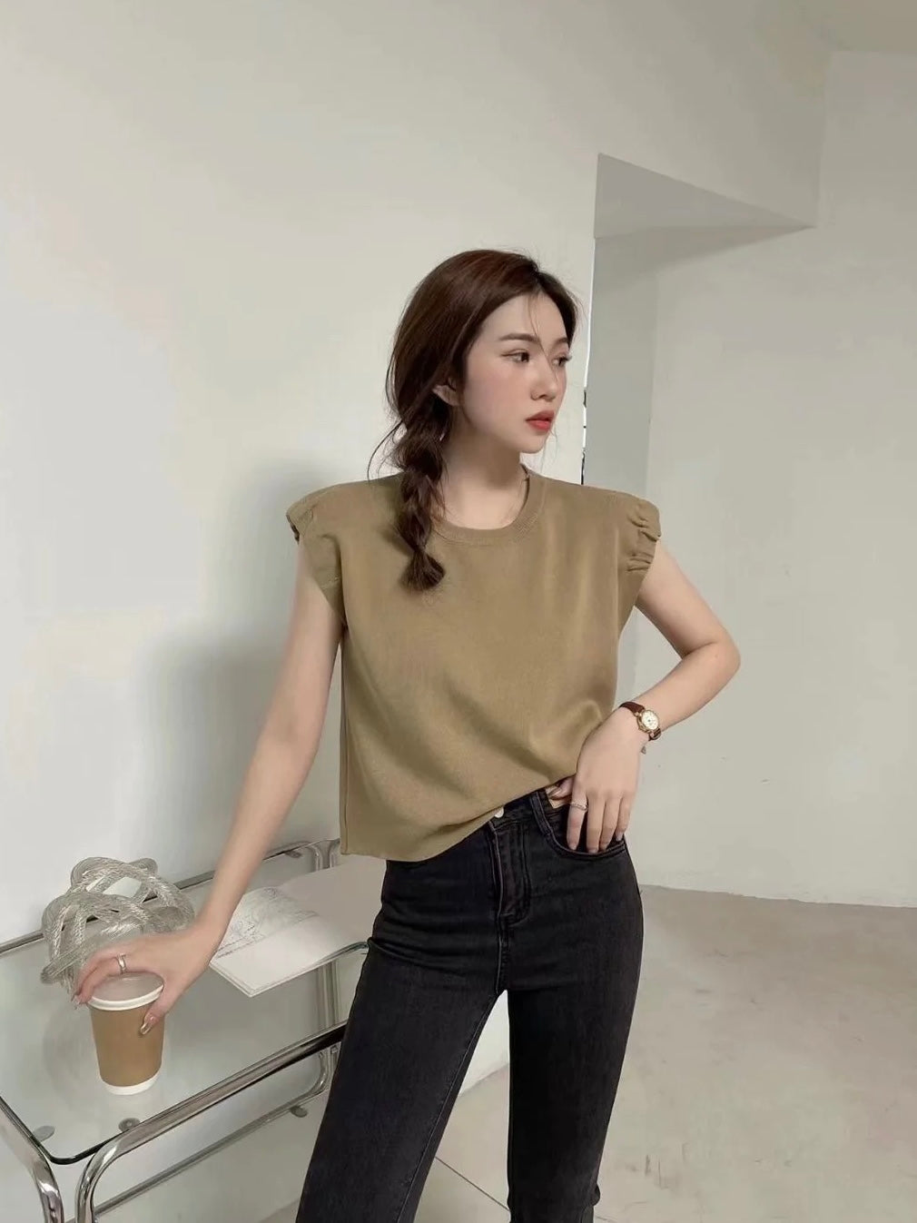 Pleated Sleeve Knitted Top