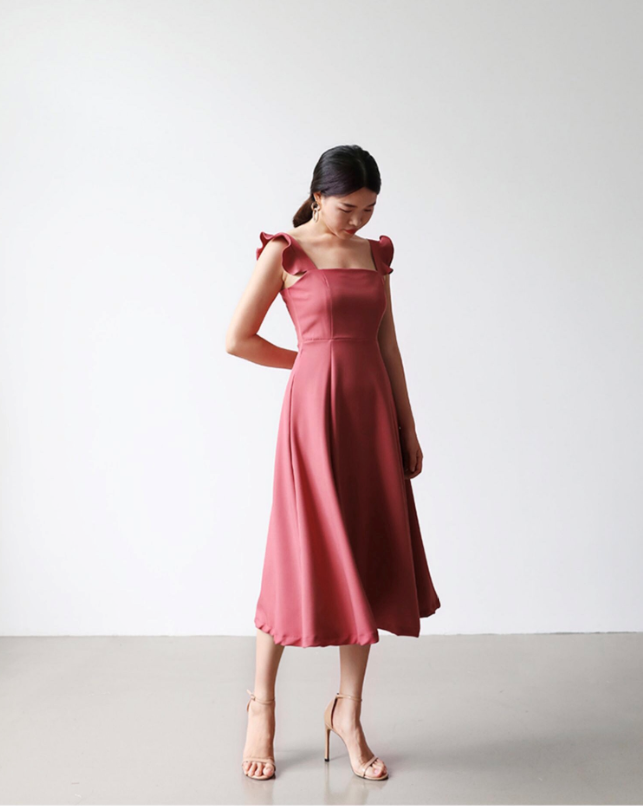 Ruffled Shoulder Elegant Solid Dress